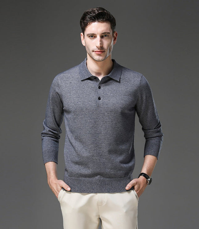 Men's Polo Knit Sweater with Long Sleeve Ribbed Cuffs