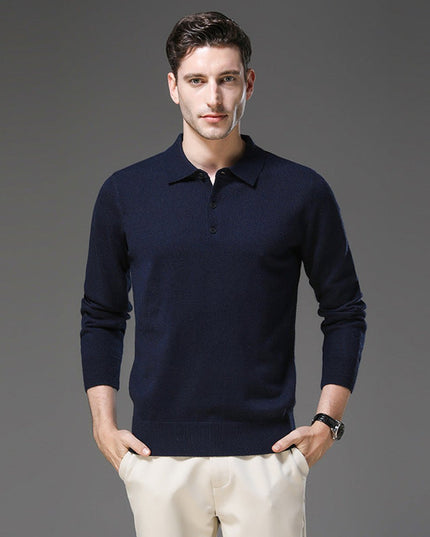 Men's Polo Knit Sweater with Long Sleeve Ribbed Cuffs