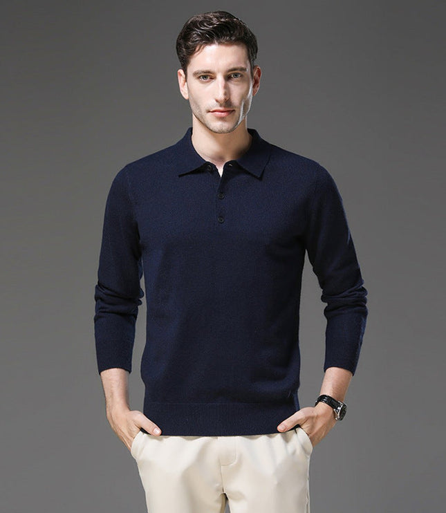 Men's Polo Knit Sweater with Long Sleeve Ribbed Cuffs