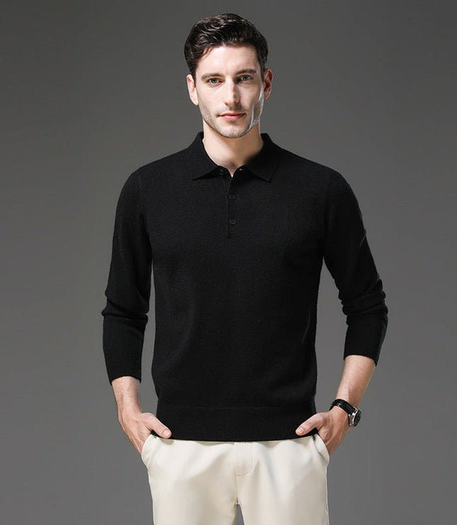 Men's Polo Knit Sweater with Long Sleeve Ribbed Cuffs