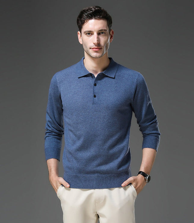 Men's Polo Knit Sweater with Long Sleeve Ribbed Cuffs