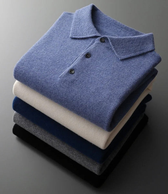 Men's Polo Knit Sweater with Long Sleeve Ribbed Cuffs