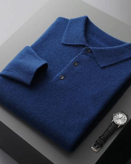 Men's Polo Knit Sweater with Long Sleeve Ribbed Cuffs