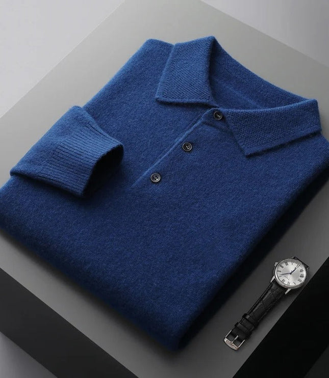 Men's Polo Knit Sweater with Long Sleeve Ribbed Cuffs