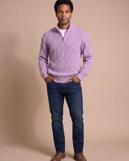 Men's Quarter-Zip Sweater in Cable Knit with a Stand Collar