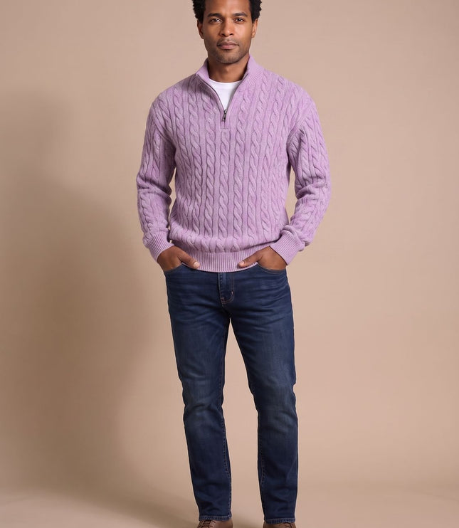 Men's Quarter-Zip Sweater in Cable Knit with a Stand Collar