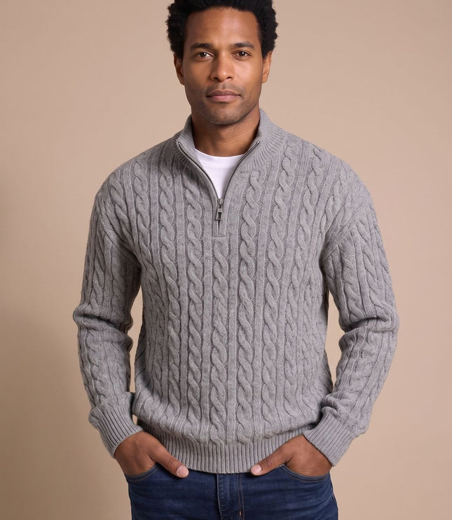 Men's Quarter-Zip Sweater in Cable Knit with a Stand Collar
