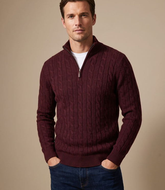 Men's Quarter-Zip Sweater in Cable Knit with a Stand Collar