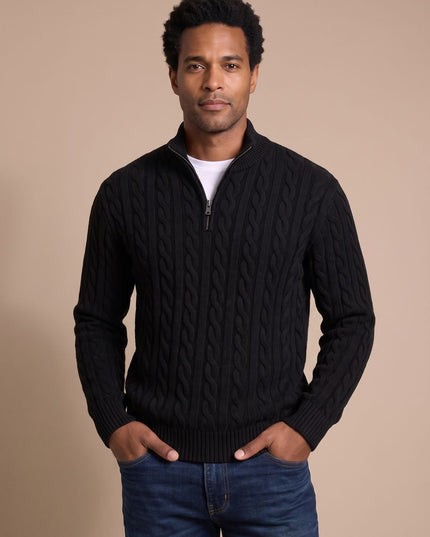 Men's Quarter-Zip Sweater in Cable Knit with a Stand Collar