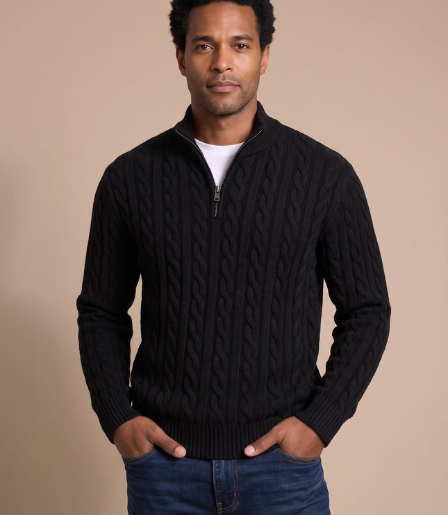 Men's Quarter-Zip Sweater in Cable Knit with a Stand Collar
