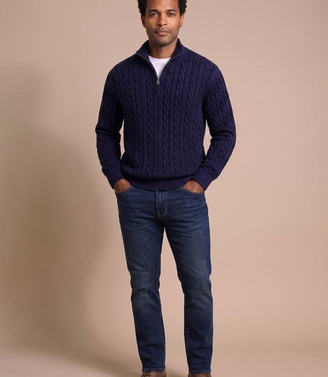 Men's Quarter-Zip Sweater in Cable Knit with a Stand Collar