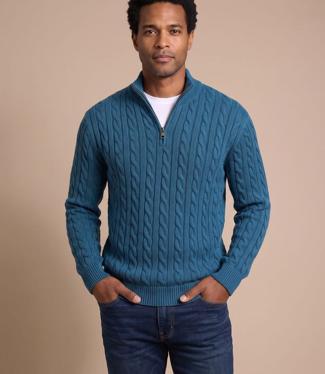 Men's Quarter-Zip Sweater in Cable Knit with a Stand Collar