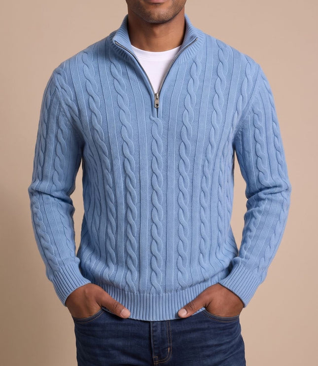 Men's Quarter-Zip Sweater in Cable Knit with a Stand Collar