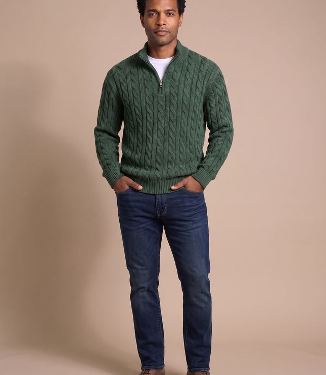 Men's Quarter-Zip Sweater in Cable Knit with a Stand Collar