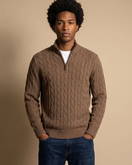 Men's Quarter-Zip Sweater in Cable Knit with a Stand Collar