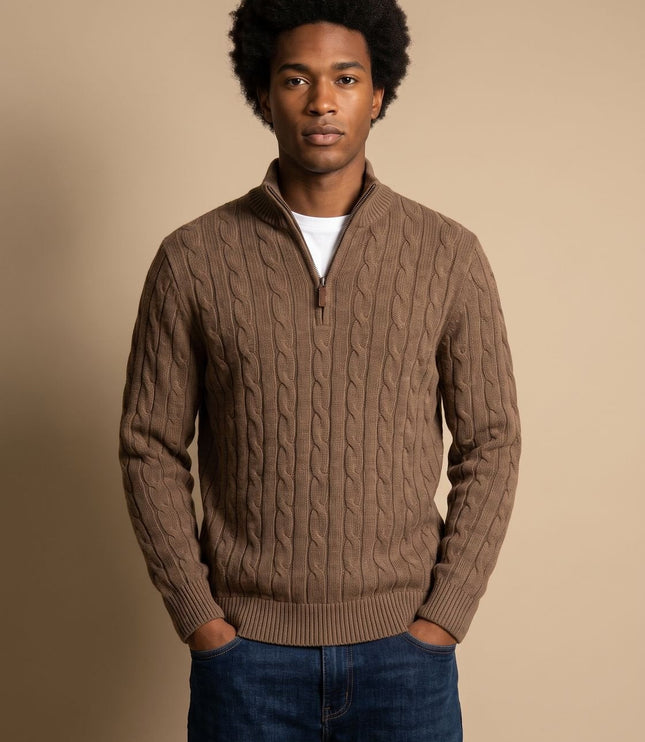 Men's Quarter-Zip Sweater in Cable Knit with a Stand Collar