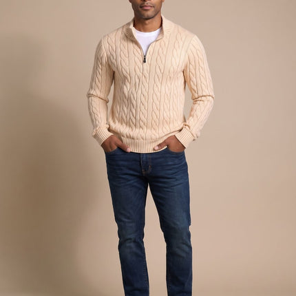 Men's Quarter-Zip Sweater in Cable Knit with a Stand Collar