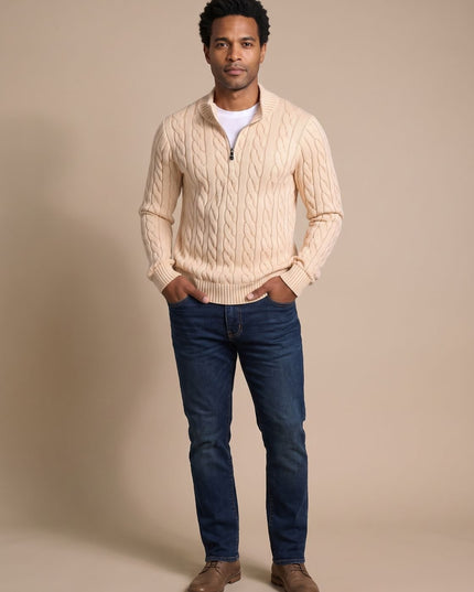 Men's Quarter-Zip Sweater in Cable Knit with a Stand Collar