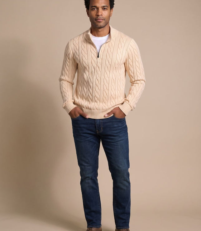 Men's Quarter-Zip Sweater in Cable Knit with a Stand Collar
