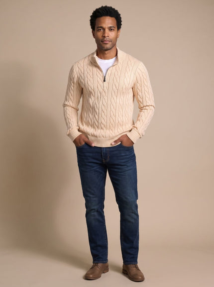 Men's Quarter-Zip Sweater in Cable Knit with a Stand Collar