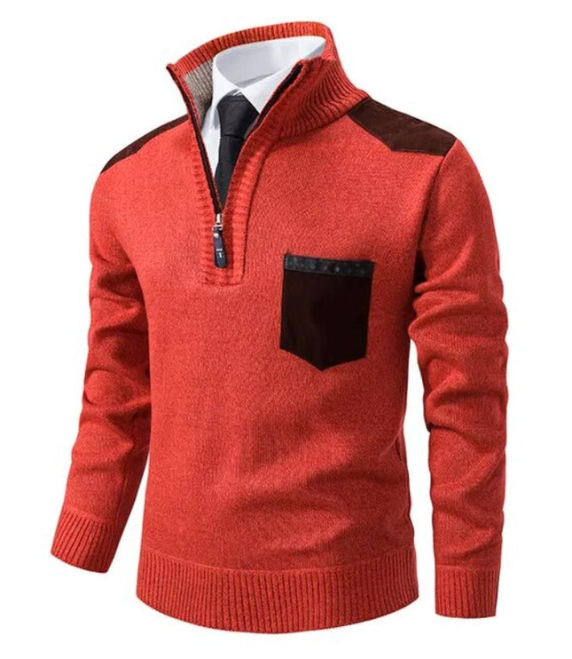 Men's Quarter-Zip Sweater with Shoulder Patch and Pocket