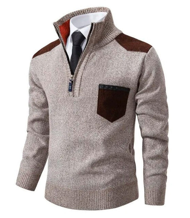 Men's Quarter-Zip Sweater with Shoulder Patch and Pocket