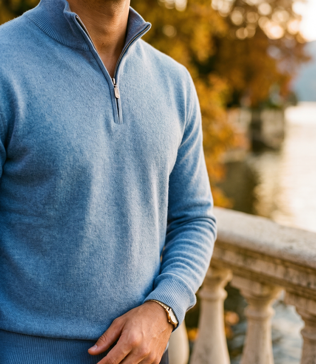 Men's Ribbed Mock Neck Sweater with Zip Placket