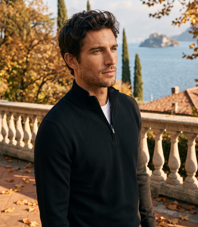 Men's Ribbed Mock Neck Sweater with Zip Placket