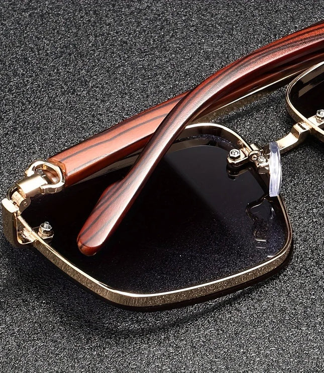 Men's Rimless Square Sunglasses with Wood-Look Temples