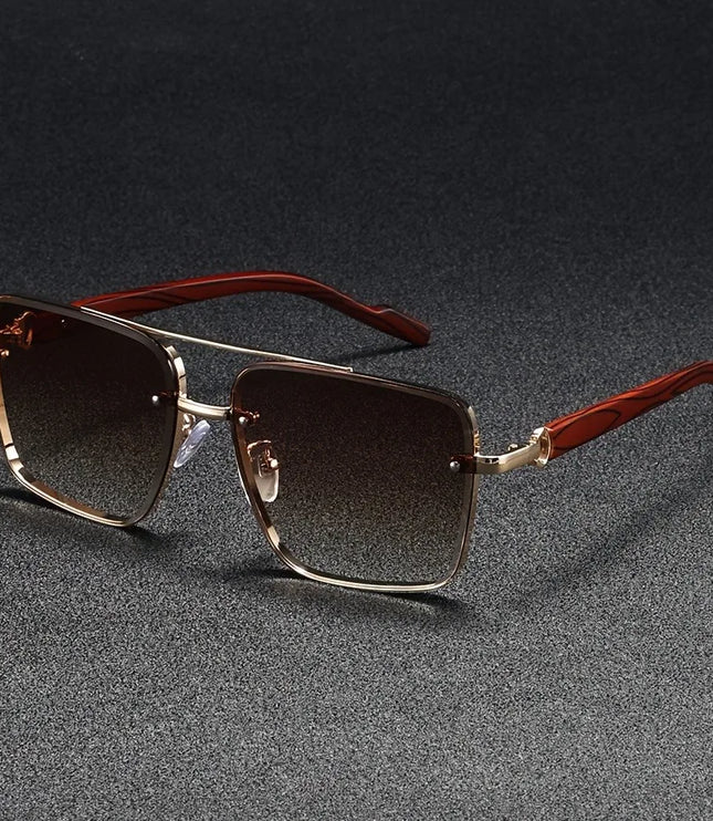Men's Rimless Square Sunglasses with Wood-Look Temples
