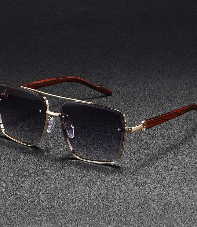 Men's Rimless Square Sunglasses with Wood-Look Temples
