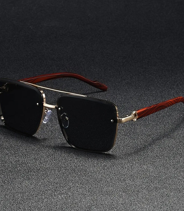 Men's Rimless Square Sunglasses with Wood-Look Temples