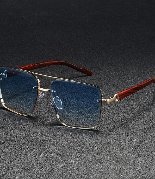 Men's Rimless Square Sunglasses with Wood-Look Temples