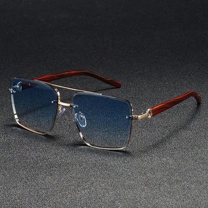 Men's Rimless Square Sunglasses with Wood-Look Temples