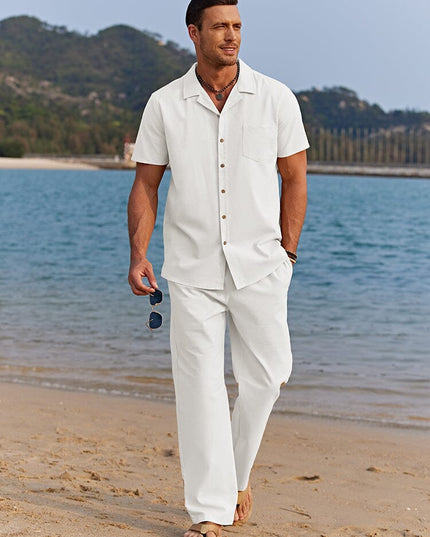 Men's Short Sleeve Camp Collar Shirt with Summer Set Trousers