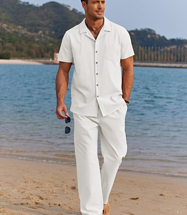 Men's Short Sleeve Camp Collar Shirt with Summer Set Trousers