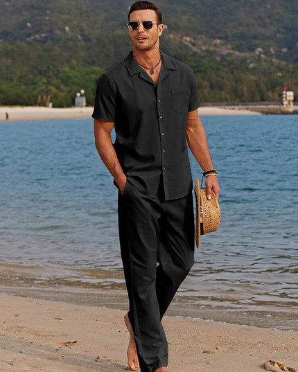 Men's Short Sleeve Camp Collar Shirt with Summer Set Trousers