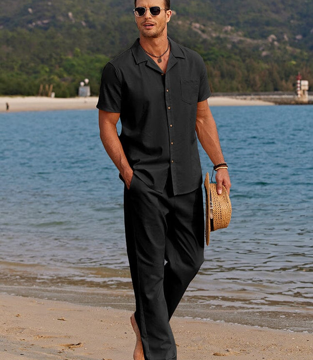 Men's Short Sleeve Camp Collar Shirt with Summer Set Trousers