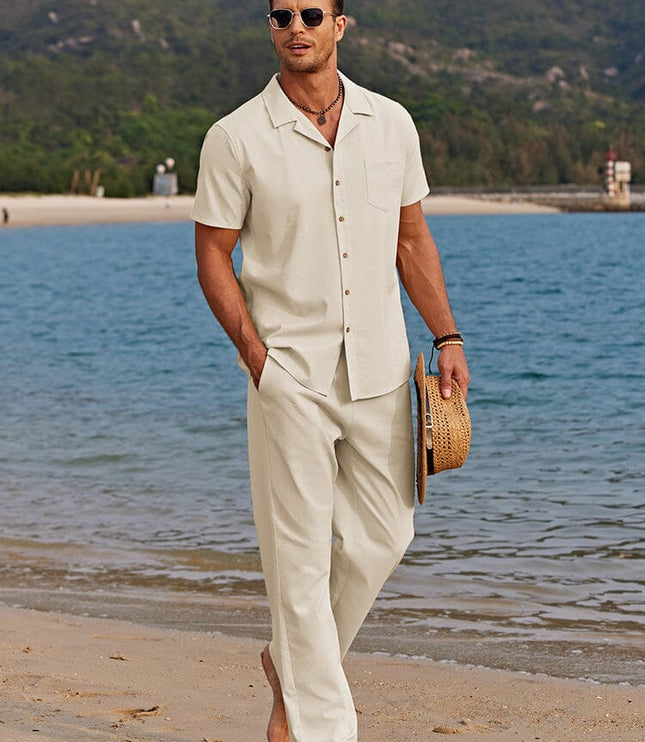 Men's Short Sleeve Camp Collar Shirt with Summer Set Trousers