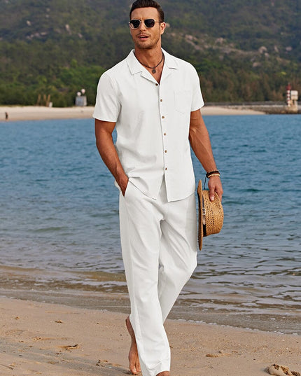 Men's Short Sleeve Camp Collar Shirt with Summer Set Trousers