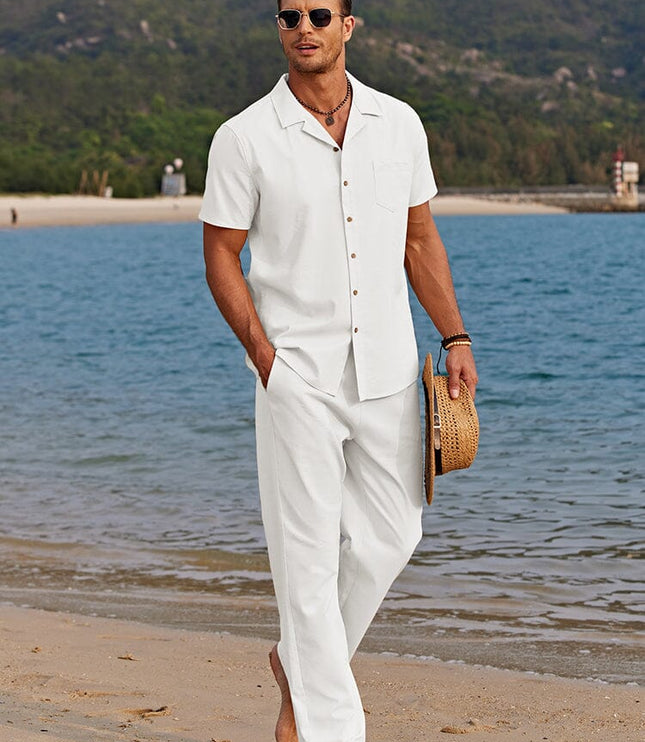 Men's Short Sleeve Camp Collar Shirt with Summer Set Trousers