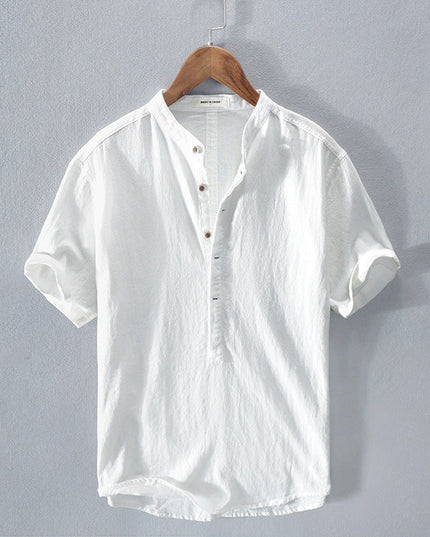 Men's Short Sleeve Linen Shirt with Band Collar