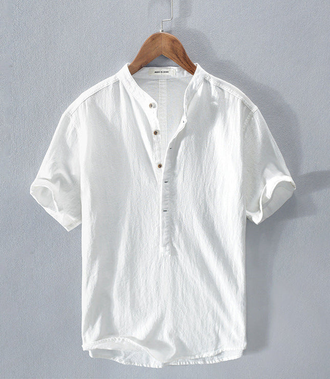 Men's Short Sleeve Linen Shirt with Band Collar