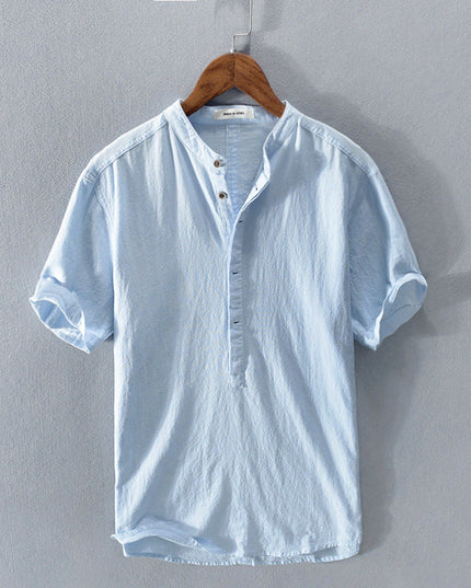 Men's Short Sleeve Linen Shirt with Band Collar