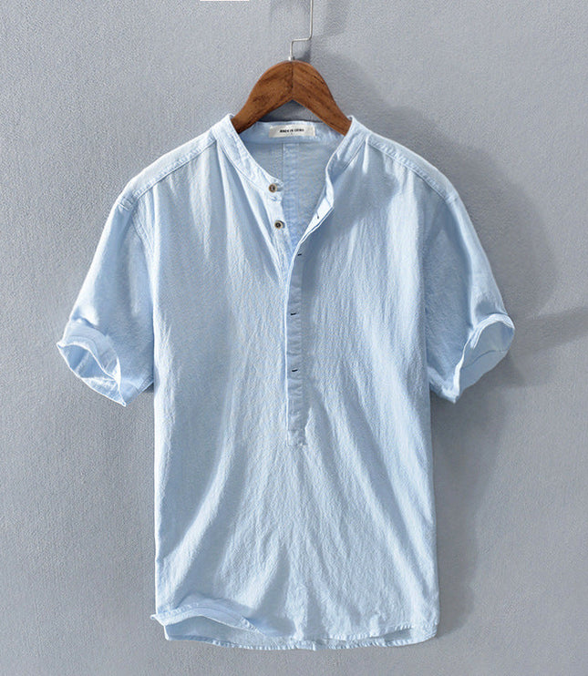 Men's Short Sleeve Linen Shirt with Band Collar