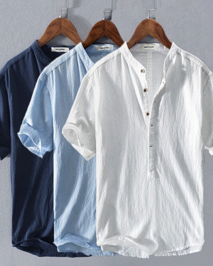 Men's Short Sleeve Linen Shirt with Band Collar