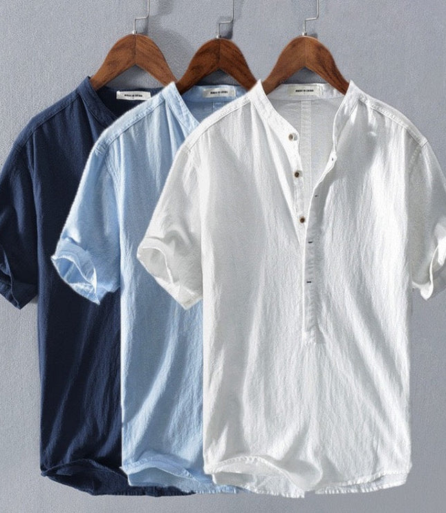 Men's Short Sleeve Linen Shirt with Band Collar