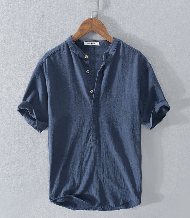 Men's Short Sleeve Linen Shirt with Band Collar
