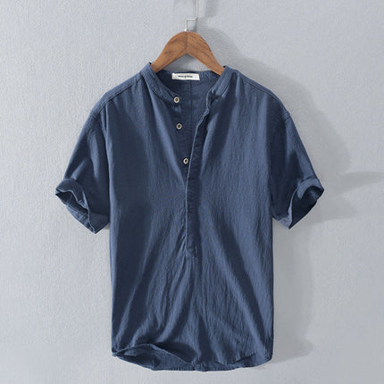 Men's Short Sleeve Linen Shirt with Band Collar