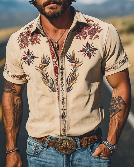 Men's Short Sleeve Summer Shirt in Western Floral Print
